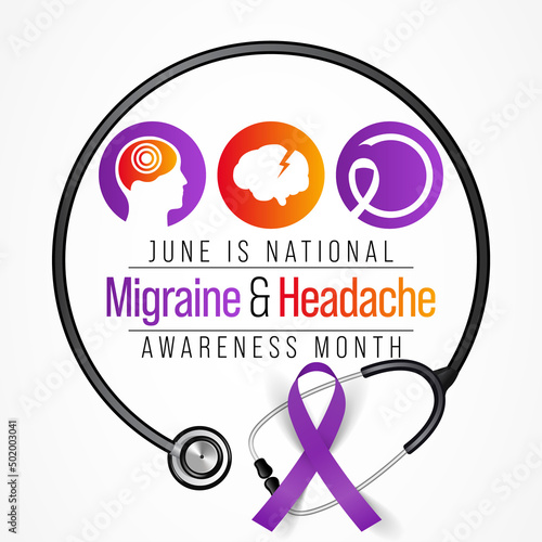 National Migraine and headache awareness month is observed every year in June. it is usually a moderate or severe headache felt as a throbbing pain on one side of the head. Vector illustration