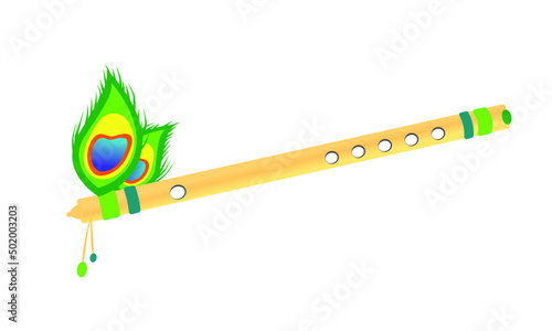 Beautiful wooden flute with peacock feathers vector isolated. Lord Krishna flute. Air blow musical instrument. 