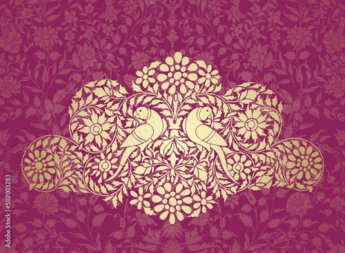 parrot, feathers , traditional wedding card design, royal India	