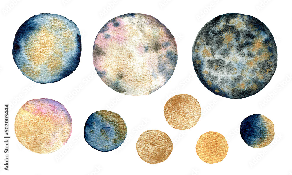 Set of colorful planets isolated on white background. Watercolor hand drawn abstract planet balls. . High quality illustration