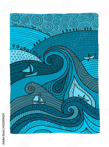 Marine Landscape Background. Art Picture ethnic ornament, water element for y...