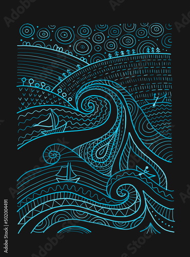 Marine Landscape Background. Art Picture ethnic ornament, water element for y...