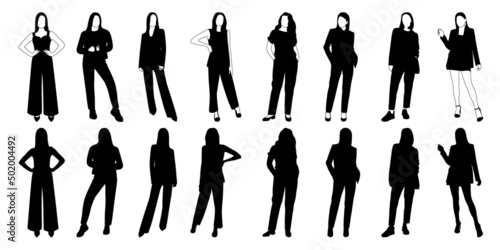 Set of vector silhouette of a slender girl, a woman in a fashionable suit standing. Adult model.