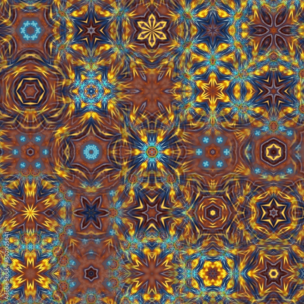 Sun fire and crystal pattern texture with bright and glossy design.  Modern concept of blooming kaleidoscope and seamless pattern.  Can be used for invitations, wall displays and business