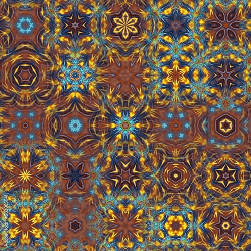 Sun fire and crystal pattern texture with bright and glossy design.  Modern concept of blooming kaleidoscope and seamless pattern.  Can be used for invitations  wall displays and business