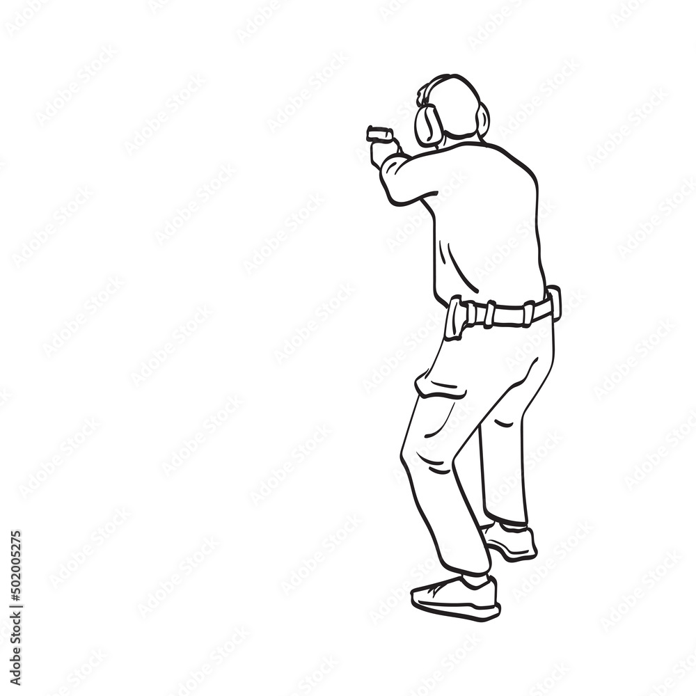 line art rear view of man with headphones shooting with pistal illustration vector hand drawn isolated on white background