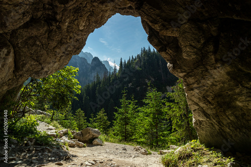 View from the Oblaskowa cave through on the Koscieliska valley. Polish Western Tatras, Lesser Poland photo