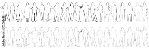 Slender girls and women standing, continuous line drawing, outline set, vector isolated