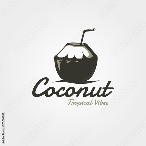 coconut fruit water with straw logo vintage vector symbol illustration design