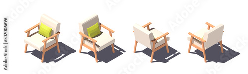 Isometric low poly white armchair with pillow. Vector illustration