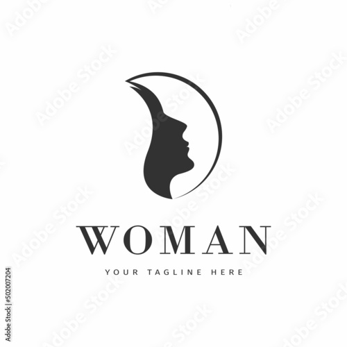 Women's face logo silhouette design inspiration with a continuous circle frame. An inspiration for a female beauty logo.