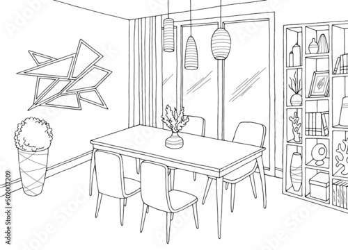 Dining room home interior graphic black white sketch illustration vector 