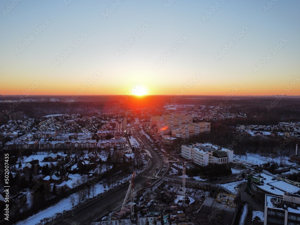 Aerial view of urovskaya ulitsa in sunset, spring time, Moscow, Russia