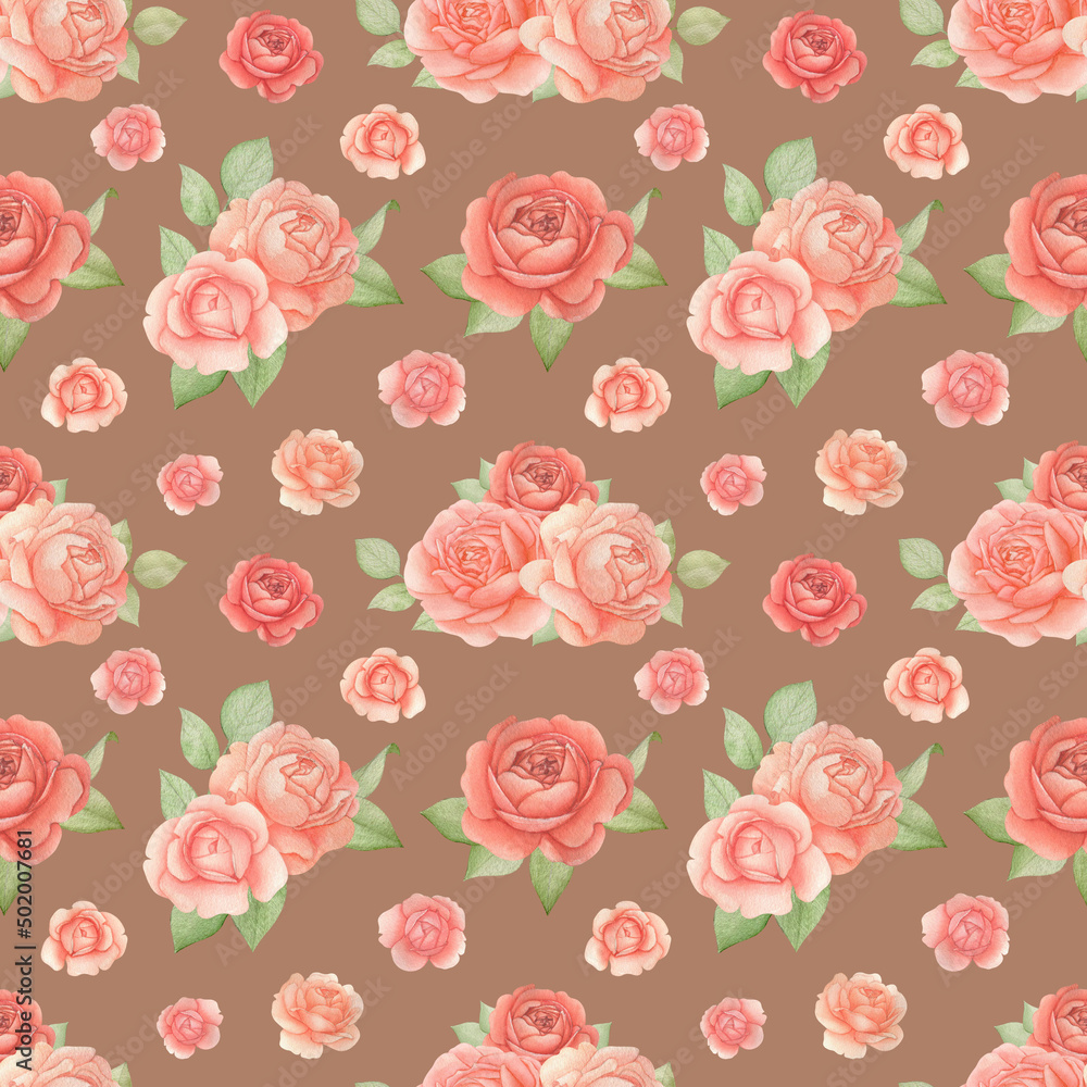 Botanical floral seamless pattern with Roses and Leaves. Watercolor romatic flowers on a Red Brown background. Good for invitation, wedding or greeting cards, textiles, wrapping paper. Vintage style