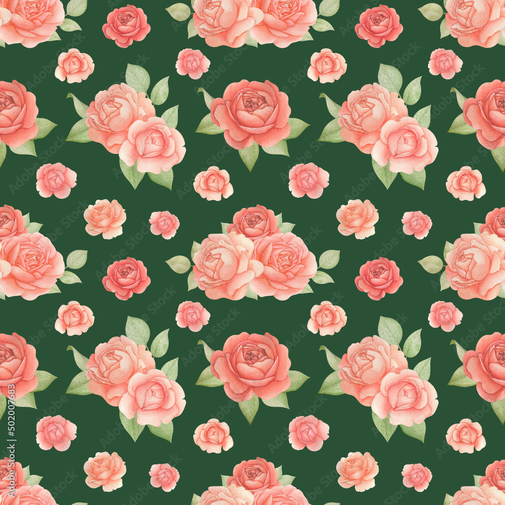 Botanical floral seamless pattern with Roses and Leaves. Watercolor romatic flowers on a Green background. Good for invitation, wedding or greeting cards, textiles, wrapping paper. Vintage style