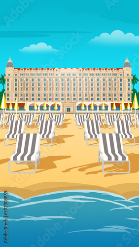 Cannes city (France) illustration. Background featuring the beautiful, iconic Carlton hotel building and bright sky. relaxing beach chair Business trip and tourism idea with old buildings.