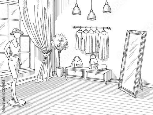 Shop interior graphic black white boutique store sketch illustration vector 