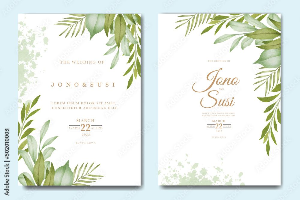 Tropical Leaves watercolor wedding invitation card