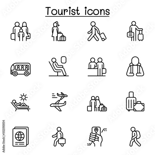 Traveler & Tourist icon set in thin line style