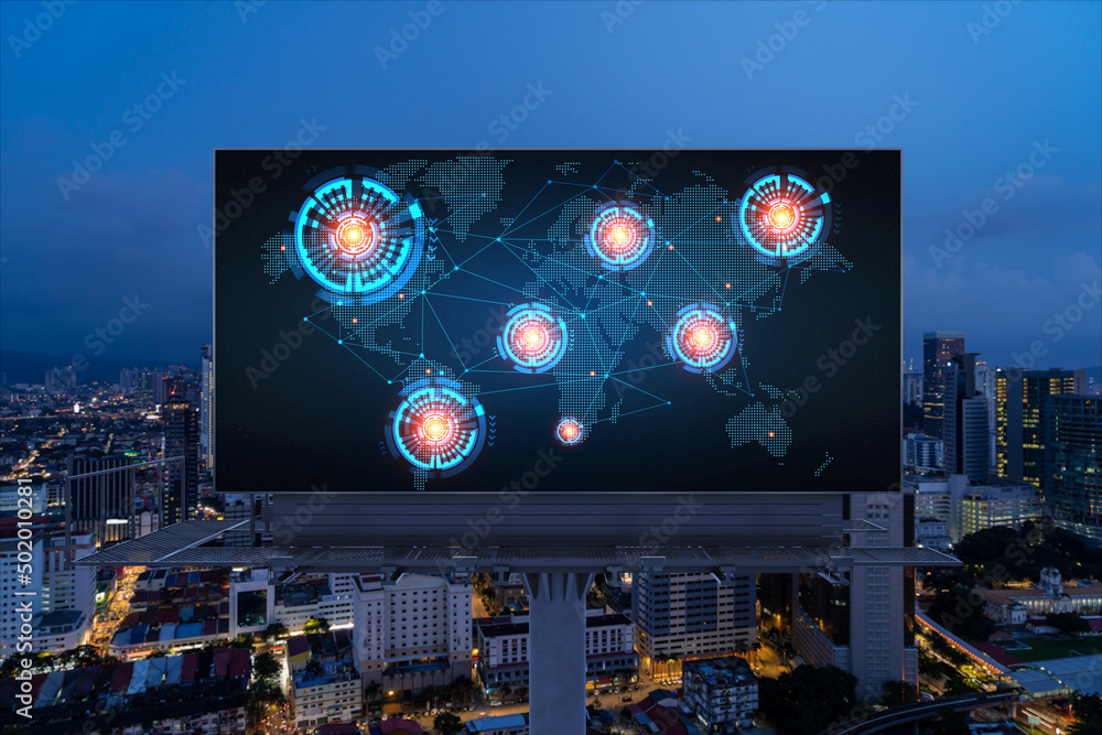 Φωτογραφία Hologram of Earth planet map on billboard over night panoramic cityscape of Kuala Lumpur, Malaysia, Asia