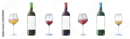 Watercolor set with a bottles of red, white wine and a glasses. Watercolor hand drawn illustration.