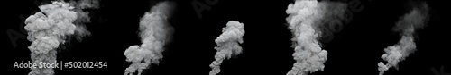 5 grey carbon smoke columns from power station on black, isolated - industrial 3D rendering