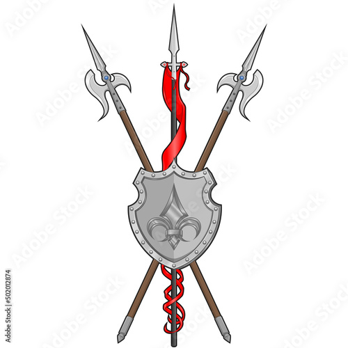 Middle ages heraldry shield vector design, coat of arms with fleur de lis heraldic symbol, with halberd and spear with pennant