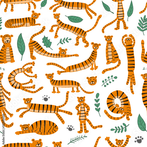 Collection of tigers and tropical leaves. Seamless Pattern for your design