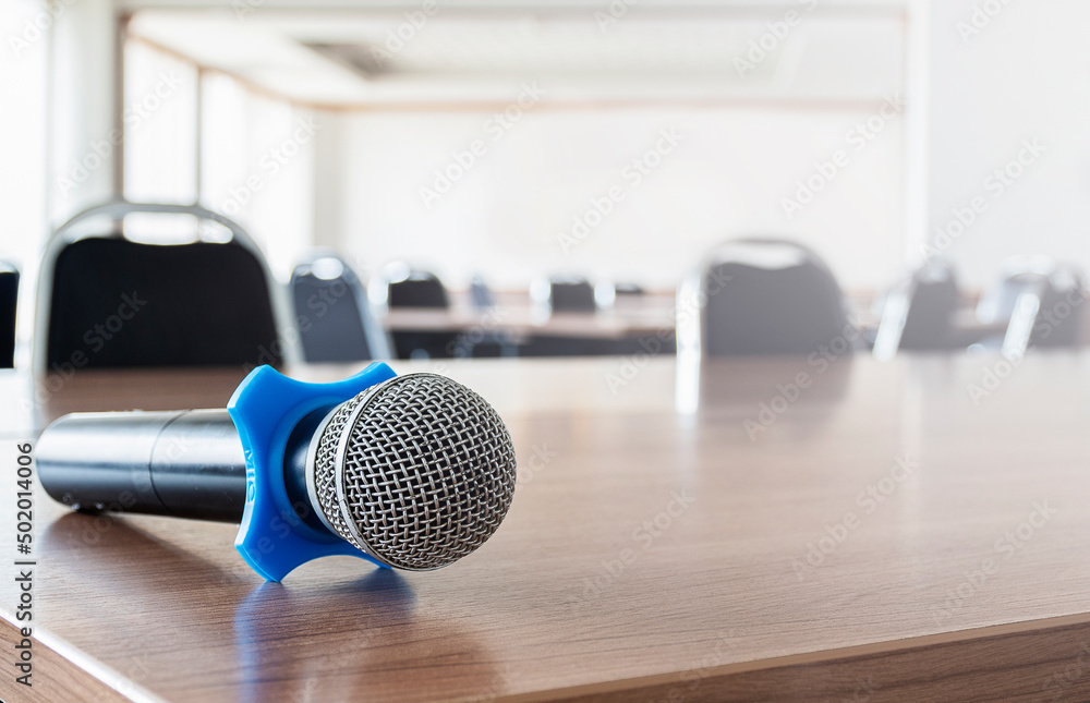 Fototapeta premium Close up microphone on table in seminar room.