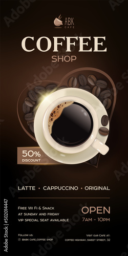 Flyer for a cafe with an advertisement for a coffee shop giving a discount on a dark background with a cup and coffee beans