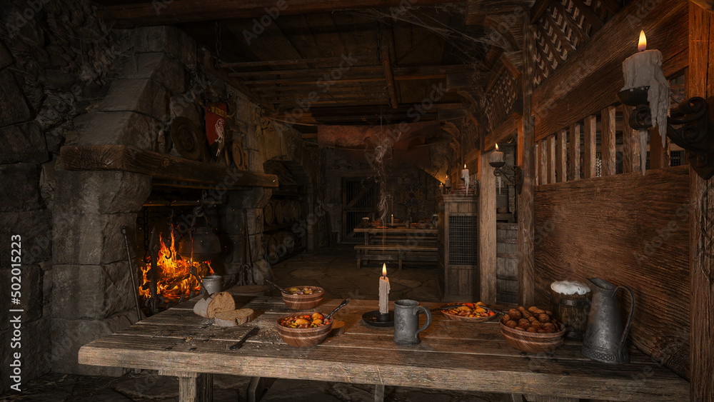 Atmospheric medieval tavern interior with dining table lit by window light and open fireplace in the background. 3D illustration.