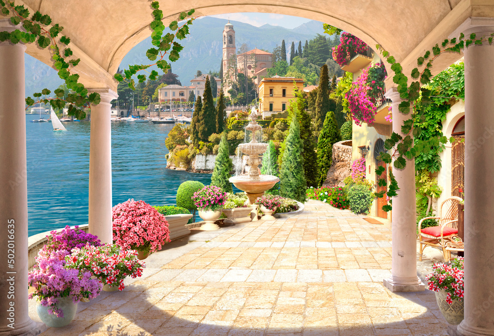View of the sea and the old town. Terrace overlooking the sea and the Mediterranean city. Photo wallpapers, Wallpaper for the living room. - obrazy, fototapety, plakaty 