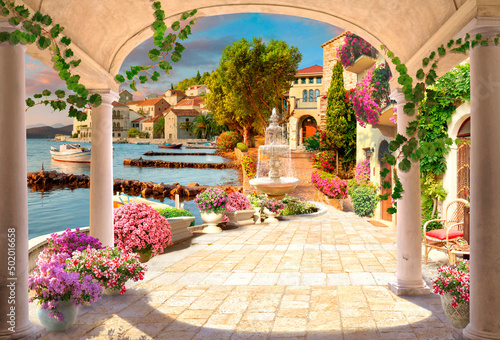 view-from-the-terrace-to-the-blue-sunny-sea-with-an-arch-digital-mural-photo-wallpapers-wallpaper-on-the-wall