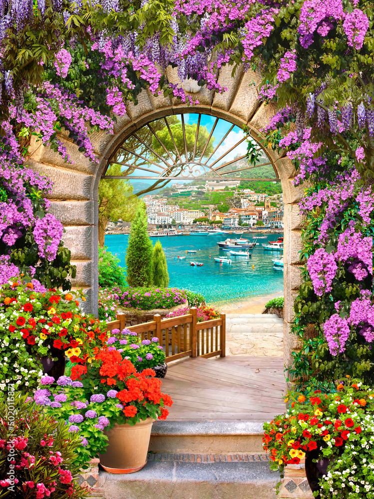 Naklejka premium Lilac arch with a view of the embankment. Mediterranean landscape. Photo wallpapers. Wallpaper on the wall.