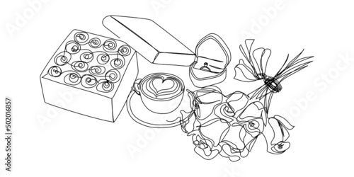 Bouquet of roses and engaged ring, cappuccino, box of chocolates continuous line drawing. One line art of flowers, romantic, 14 february, heart, relationships, sweets, gift, love, peonies.