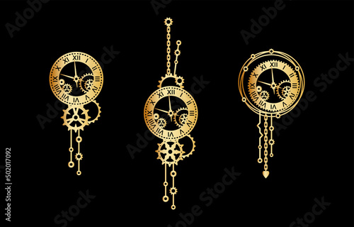 Set of golden clocks with gears, cogwheels and chains on a black background. Mechanism. Steampunk. Decorative elements for holiday greeting card, banner, poster, signage, label and print for t-shirt