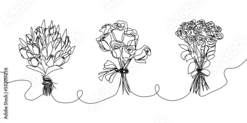 Set of big bouquets continuous line drawing. One line art of decoration, flowers, roses, garden flowers, floristry, romance, relationship, love, peonies, tulips, dahlias, carnations.