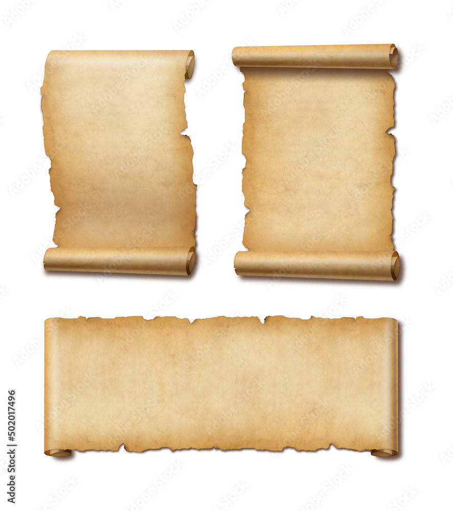 Old Parchment paper scroll set isolated on white with shadow. Horizontal and vertical banners