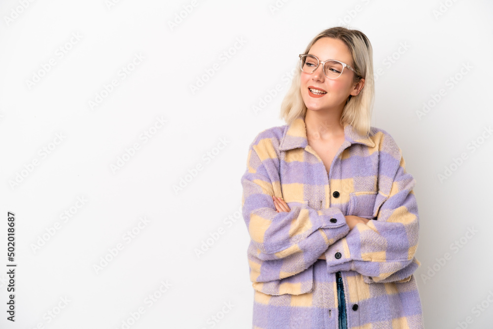 Young caucasian woman isolated on white background happy and smiling Young caucasian woman isolated on white background happy and smiling