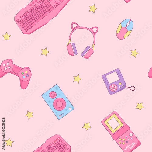 Pink Rerto Gamer Girl seamless pattern. Vintage pink computer game equipment vector background.
