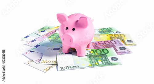 Euro banknotes with pink piggy bank - 3D illustration