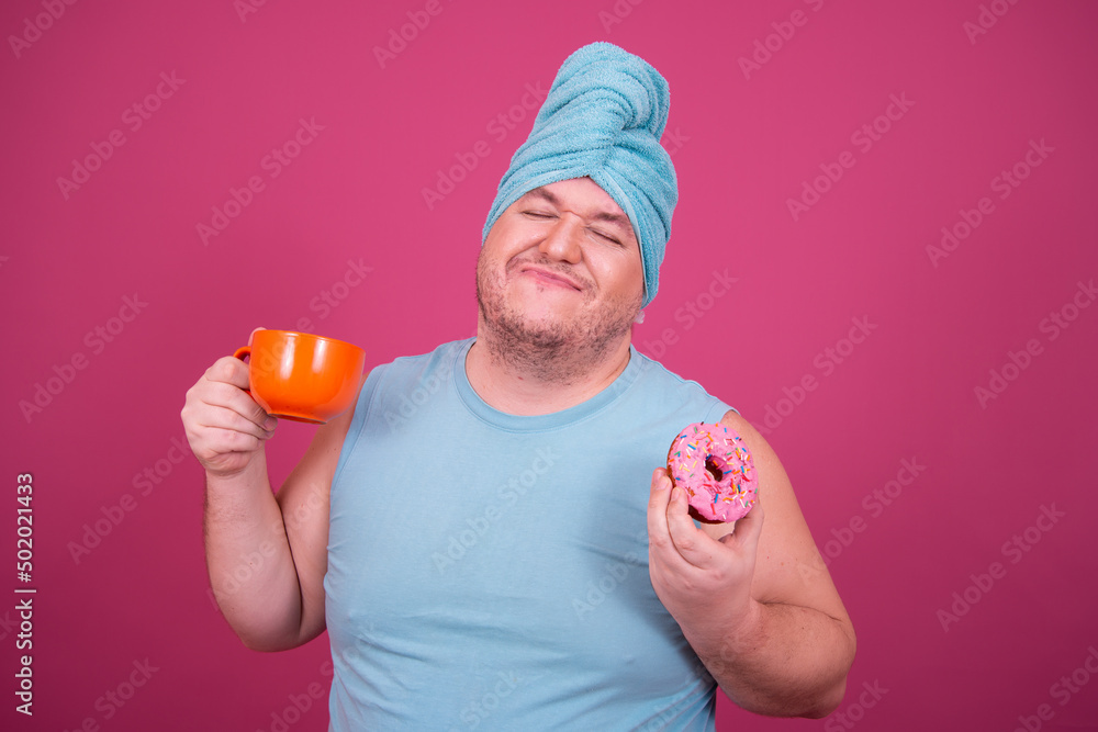 Funny fat man eats donuts. Retro style. Food and fitness. Funny fat man eats donuts. Retro style. Food and fitness.