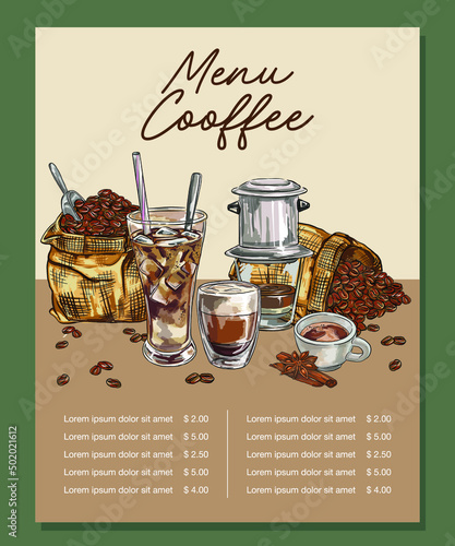 Coffee restaurant menu. Vector flyer for drinks for bar and cafe. Blackboard design template with vintage hand drawn food illustrations.