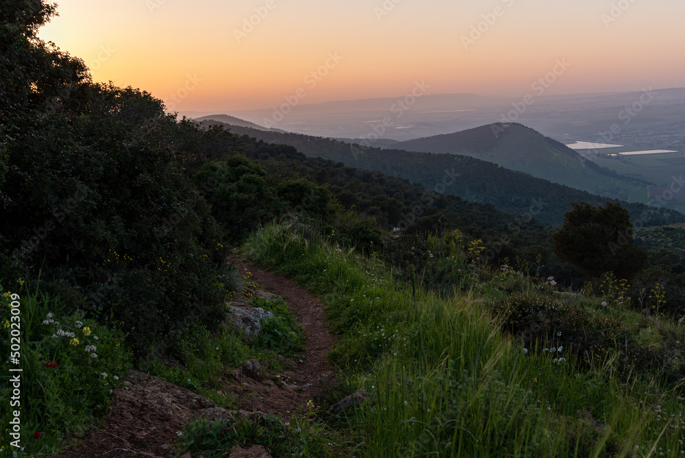 Sunset view of the Harod and Jezreel Valleys from Mount Gilboa in Israel
