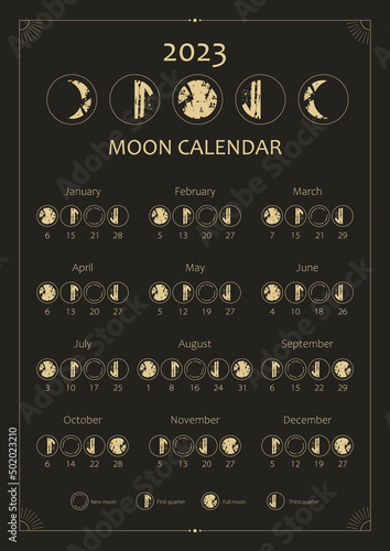 2023 Moon calendar. Astrological calendar design. Moon phase cycle. Modern boho moon calendar poster template design. Lunar phases schedule and cycles. Vector vintage illustration. Editable A3, A4, A5