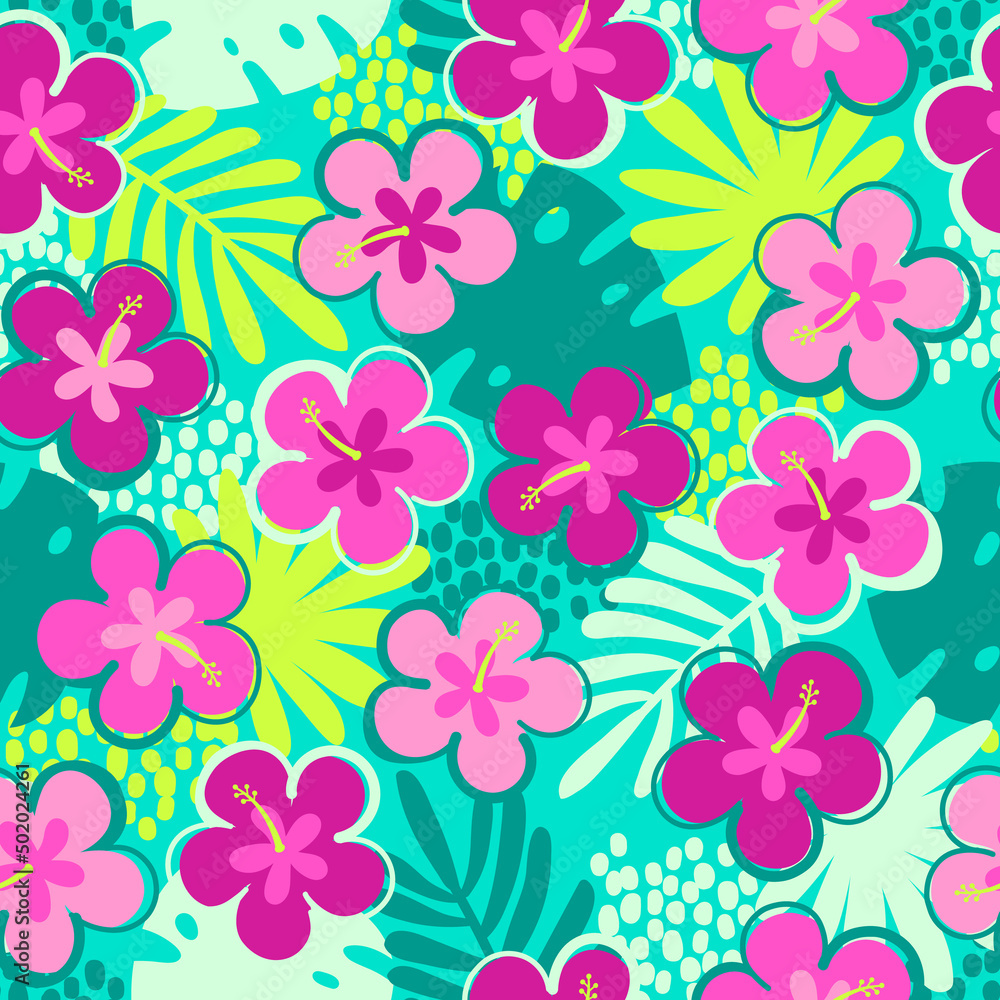 Colorful hand drawn hibiscus flower with tropical leaf seamless pattern for summer holidays background. Colorful hand drawn hibiscus flower with tropical leaf seamless pattern for summer holidays background.