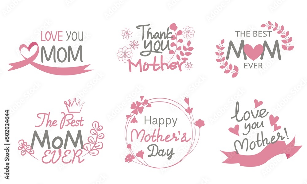 Set of Mother's day decoration texts. Happy Mother's day design icons for tag, labels and graphic design. Vector illustration. Set of Mother's day decoration texts. Happy Mother's day design icons for tag, labels and graphic design. Vector illustration.