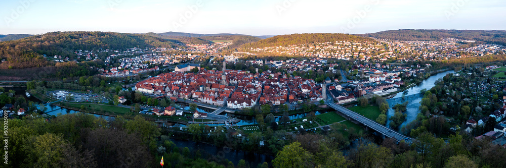 Aerial view around the old town of Hann. muenden on an late spring sunny afternoon