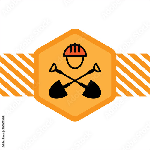 Under construction - emblem. Digger icon. Label with shovels and hard hat. Civil engineering illustration.