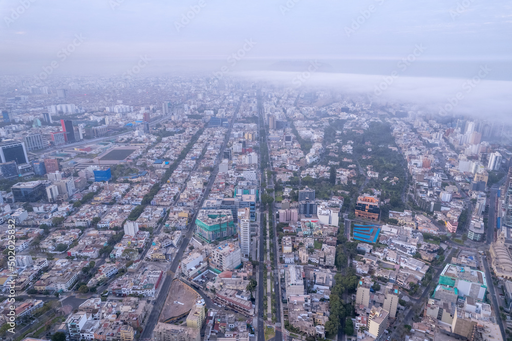 Aerial view of Avenida Arequipa and Avenida 28 de Julio in Lima.